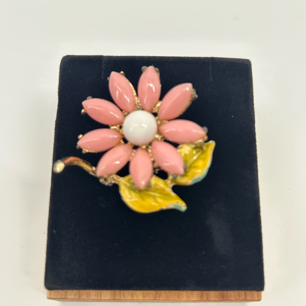 Pink Floral Enamel Brooch with Yellow Leaves